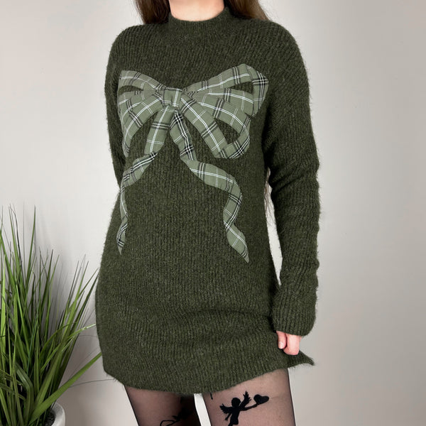 Fuzzy Plaid Bow Sweater